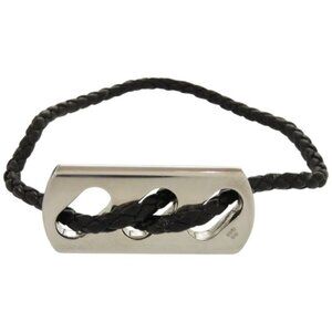 Hermes Leather Silver 925 Black Silver Hardware Black Bracelet 1124